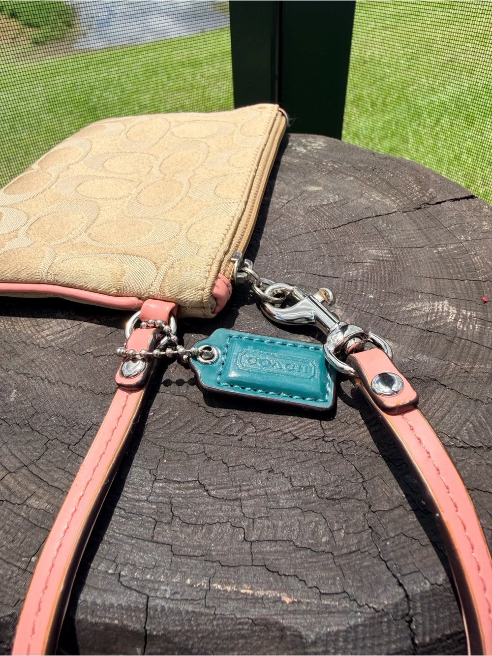 Coach Signature Jacquard Wristlet Khaki Pink Teal Hangtag Y2K Pouch
